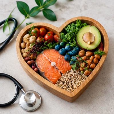 Heart-shaped arrangement of healthy foods beside a medical stethoscope