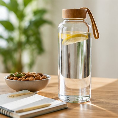 Water bottle, notebook, pen, almonds and walnuts arranged on a desk